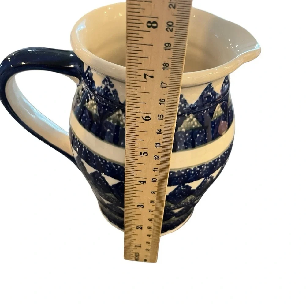 Boleslawiec Pitcher Jug Polish Pottery Blue Triangle Water Juice Tea Milk 32oz.